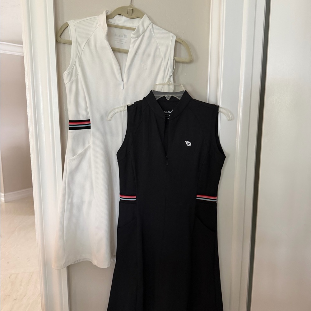 2 Baleaf Sleeveless tennis/Golf Dress with Striped Waistband,White and Black